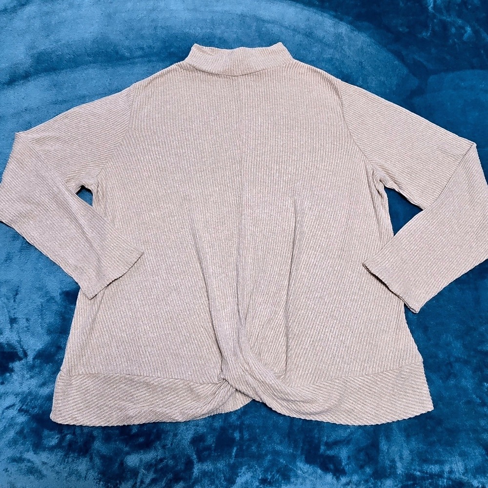Nine West Women Size XXL Sweater Taupe Mock Neck Twist Front Ribbed Lightweight